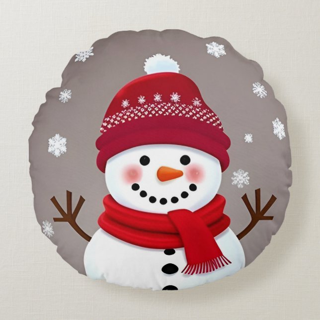 Cute Snowman with Red Scarf Round Pillow (Front)