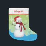 Cute Snowman with Santa Hat Large Christmas Stocking<br><div class="desc">This adorable Christmas stocking offers a graphic of a snowman wearing a Santa Hat. The background is bright green and blue and is accented with snowflakes. Personalize this holiday stocking for any child.</div>