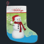 Cute Snowman with Santa Hat Small Christmas Stocking<br><div class="desc">This adorable Christmas stocking offers a graphic of a snowman wearing a Santa Hat. The background is bright green and blue and is accented with snowflakes. Personalize this holiday stocking for any child.</div>