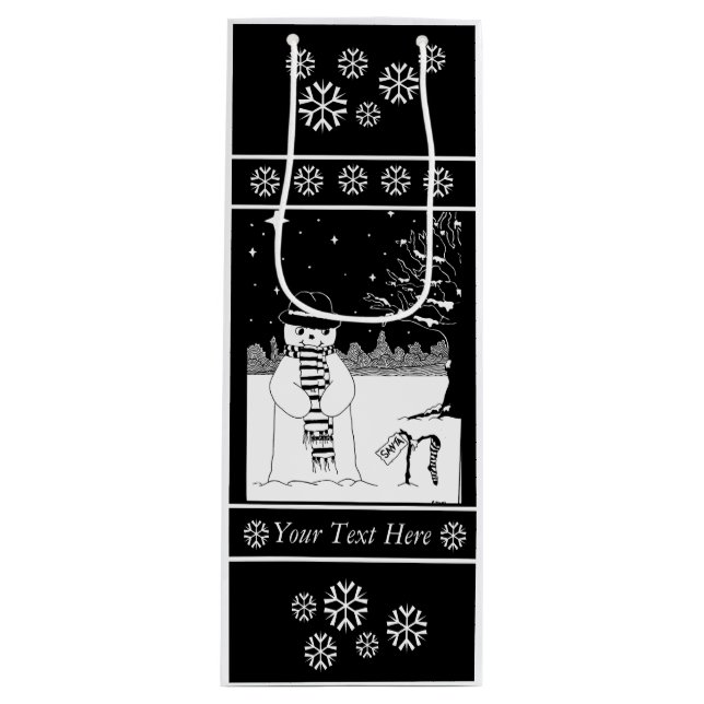 cute snowman with scarf and hat black and white wine gift bag (Front)