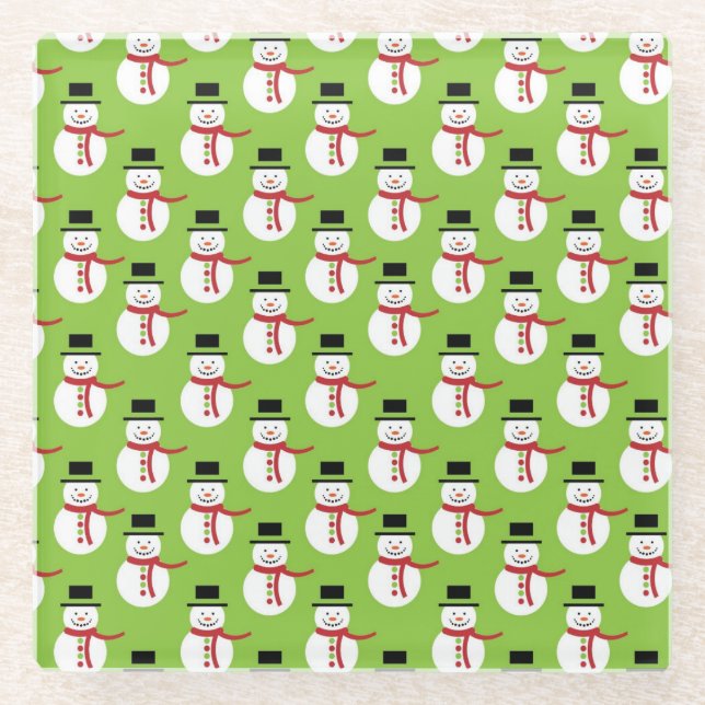 Cute Snowman with Scarf Holiday Pattern Glass Coaster (Front)