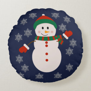 Cute Snowman with Silver Snowflakes Christmas Desi Round Pillow
