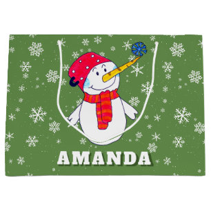 Cute Snowman with Snowflakes Kids Christmas Large Gift Bag