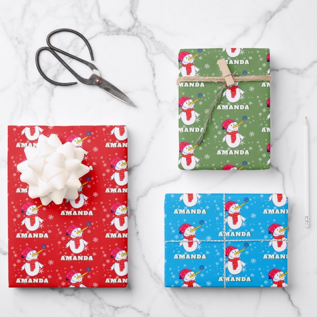 Cute Snowman with Snowflakes Kids Christmas Wrapping Paper Sheet (Front)