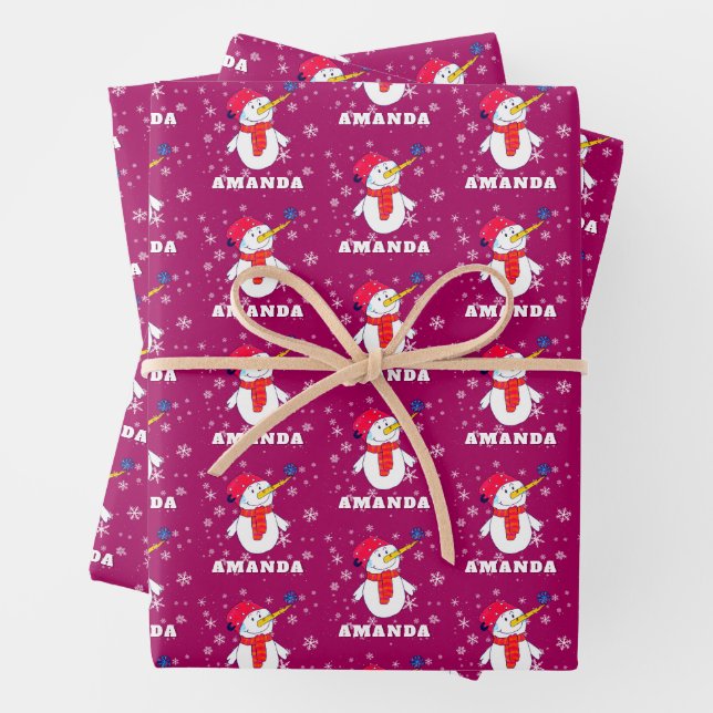 Cute Snowman with Snowflakes Kids Christmas Wrapping Paper Sheet (In situ)