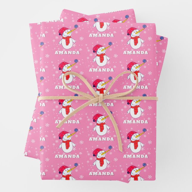 Cute Snowman with Snowflakes Kids Christmas Wrapping Paper Sheet (In situ)