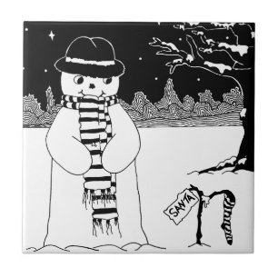 Cute snowman with stocking black and white art tile