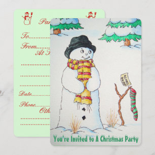 Cute snowman with stocking in snow at christmas invitation