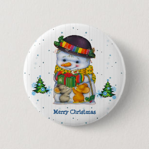 Cute Snowman with two little mice Button