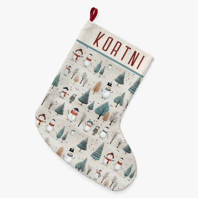 Cute Snowmen and Christmas Trees Large Christmas Stocking (Front (Hanging))