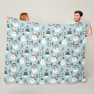 Cute Snowmen and Penguins Fleece Blanket