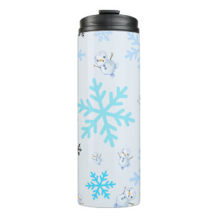 Cute snowmen and snowflakes in light blue thermal tumbler