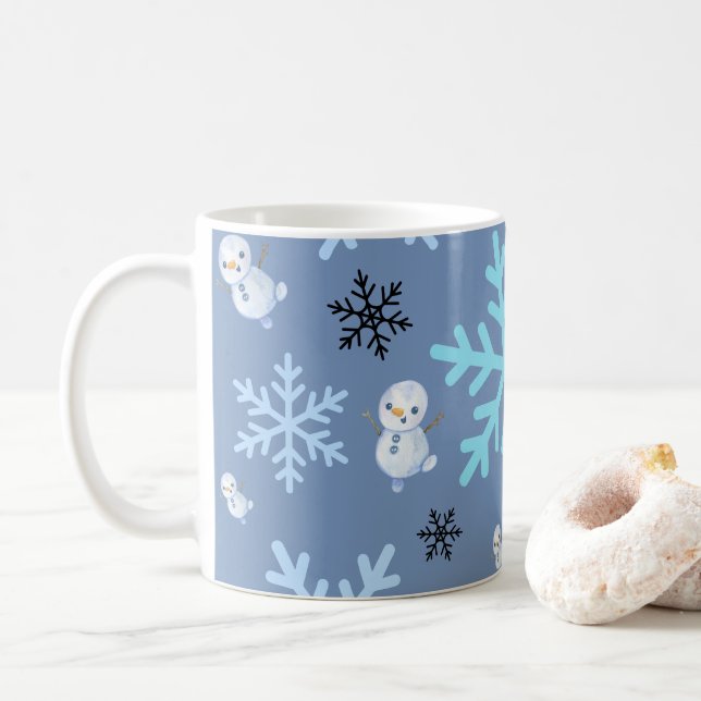 Cute snowmen and snowflakes in teal blue  coffee mug (With Donut)