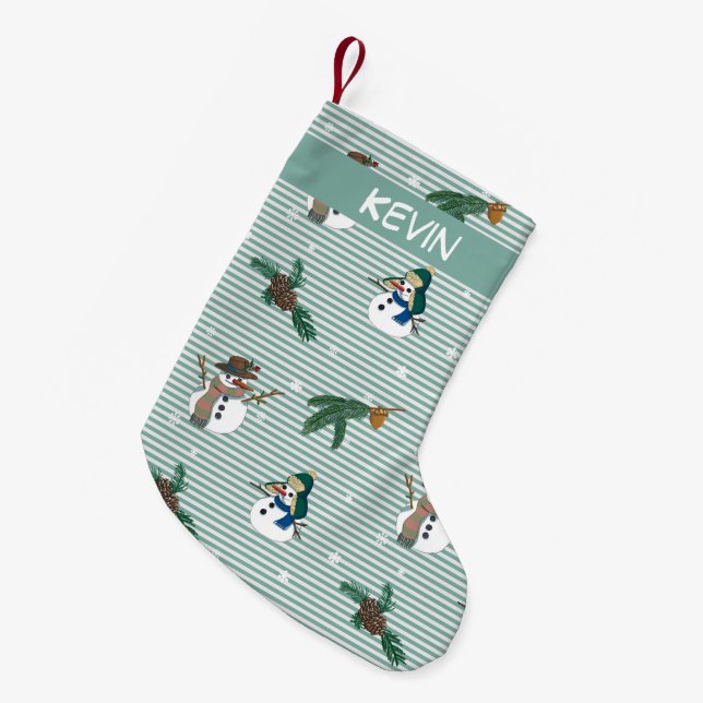 Cute snowmen. Customizable with the name. Small Christmas Stocking (Front (Hanging))