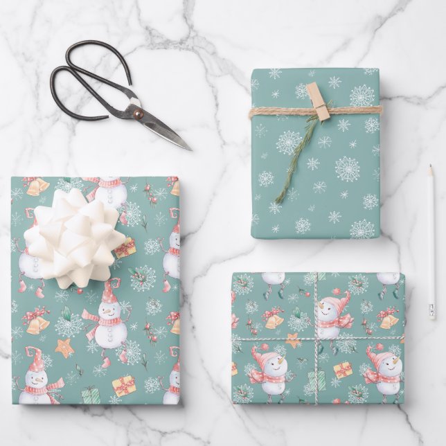 Cute Snowmen Gifts Snowflakes on Green Christmas Wrapping Paper Sheet (Front)