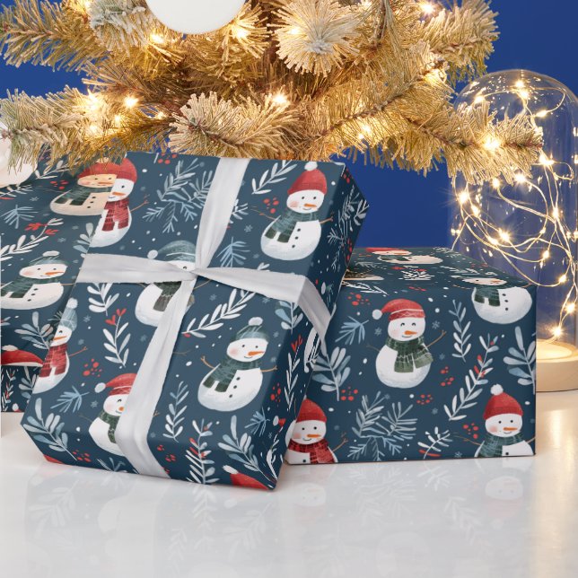 Cute Snowmen Greenery Blue Christmas Wrapping Paper (Holidays)