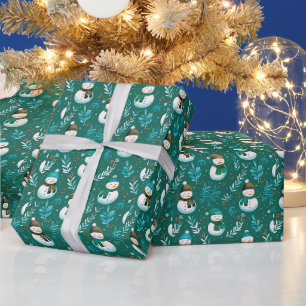 Cute Snowmen Greenery Green Christmas Wrapping Paper