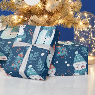 Cute Snowmen Greenery Snow Blue Christmas Wrapping Paper