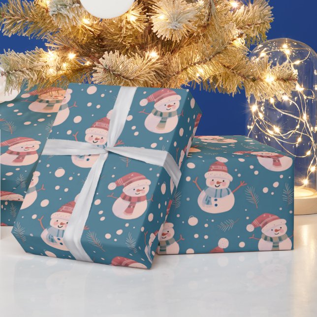 Cute Snowmen Greenery Snow Blue Christmas Wrapping Paper (Holidays)