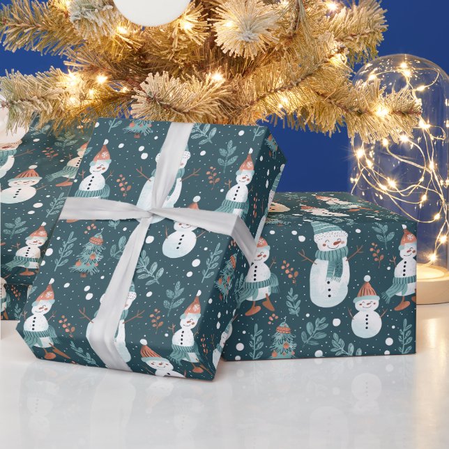 Cute Snowmen Greenery Snow Green Christmas Wrapping Paper (Holidays)