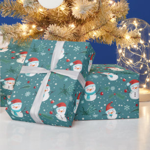 Cute Snowmen Greenery Snow Green Christmas Wrapping Paper
