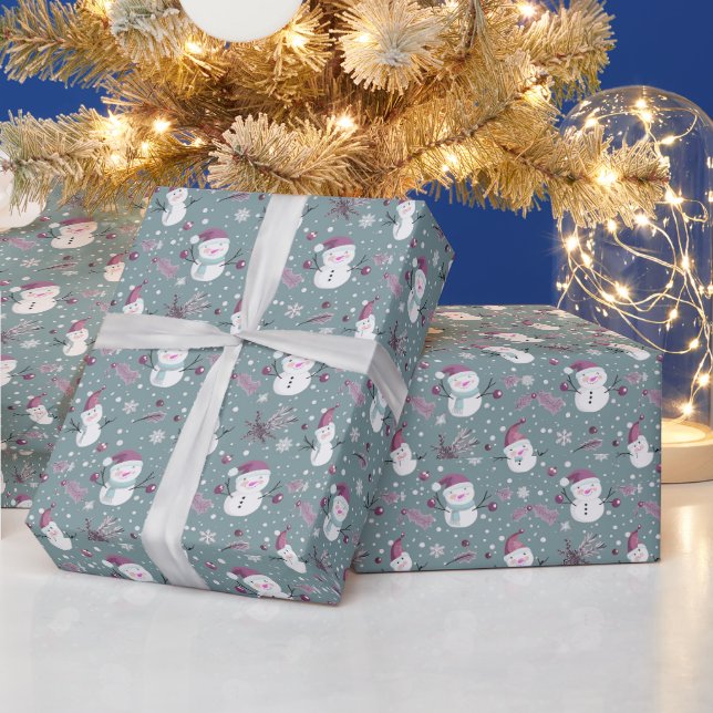 Cute Snowmen Greenery Snow Green Christmas Wrapping Paper (Holidays)