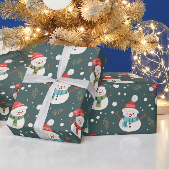 Cute Snowmen Greenery Snow Green Christmas Wrapping Paper (Holidays)