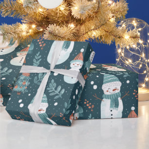 Cute Snowmen Greenery Snow Green Christmas Wrapping Paper