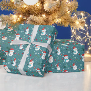 Cute Snowmen Greenery Snow Green Christmas Wrapping Paper