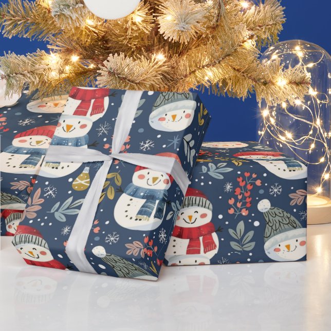 Cute Snowmen Greenery Snowflakes Blue Christmas Wrapping Paper (Holidays)