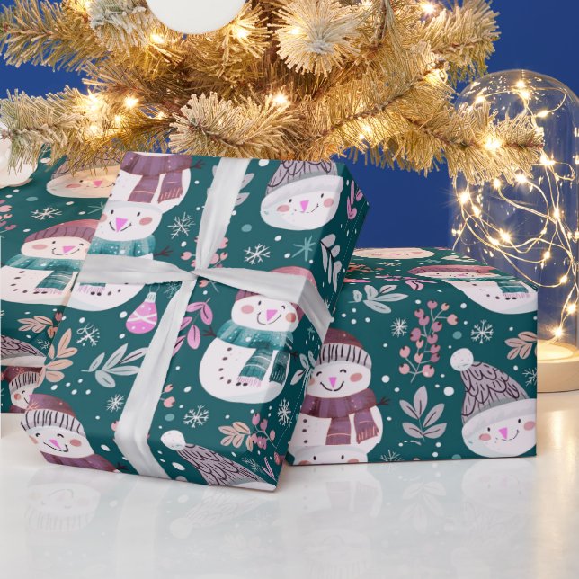 Cute Snowmen Greenery Snowflakes Green Christmas Wrapping Paper (Holidays)
