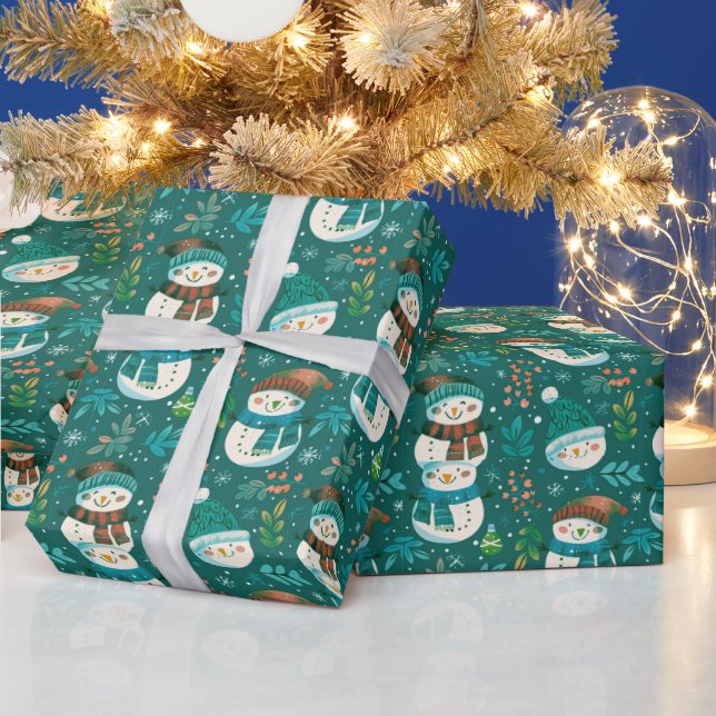 Cute Snowmen Greenery Snowflakes Green Christmas Wrapping Paper (Holidays)