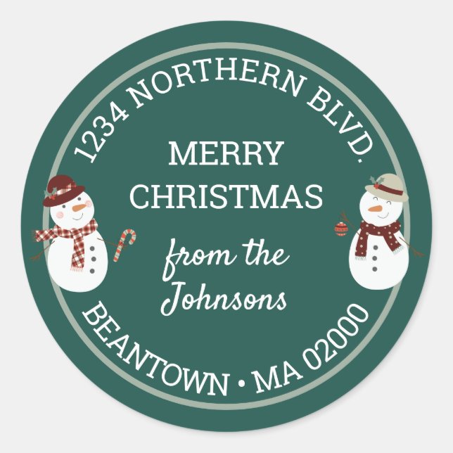 Cute Snowmen in Plaid Scarves on Teal Classic Round Sticker (Front)
