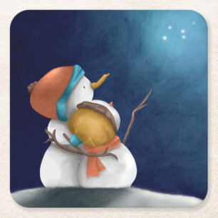 Cute Snowmen in Starry Night Christmas Holiday Square Paper Coaster