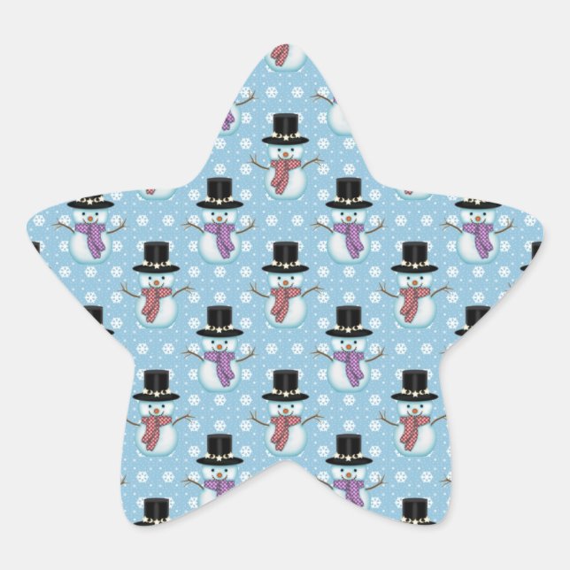Cute Snowmen on Pale Blue Pattern Star Sticker (Front)