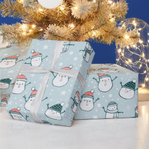 Cute Snowmen Snowflakes Blue Green Christmas Wrapping Paper