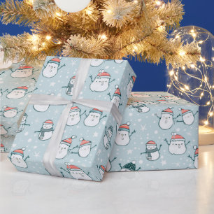 Cute Snowmen Snowflakes Blue Green Christmas Wrapping Paper