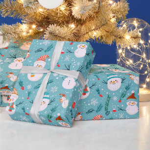 Cute Snowmen Snowflakes Green Christmas Wrapping Paper