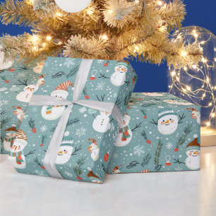 Cute Snowmen Snowflakes Green Christmas Wrapping Paper