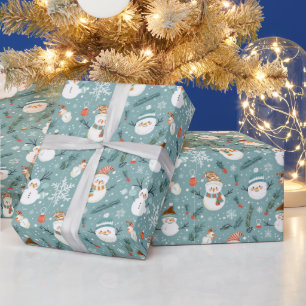 Cute Snowmen Snowflakes Green Christmas Wrapping Paper