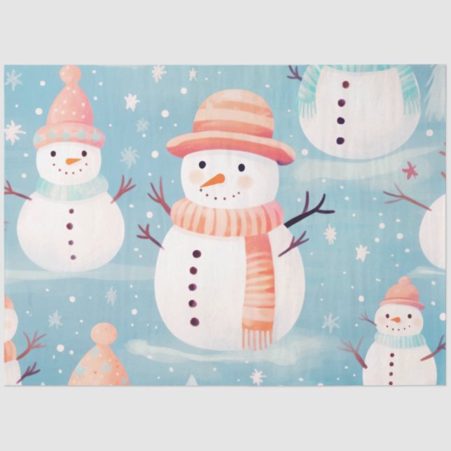 Cute Snowmen Snowflakes Ice Blue Christmas Tissue Paper (Front)