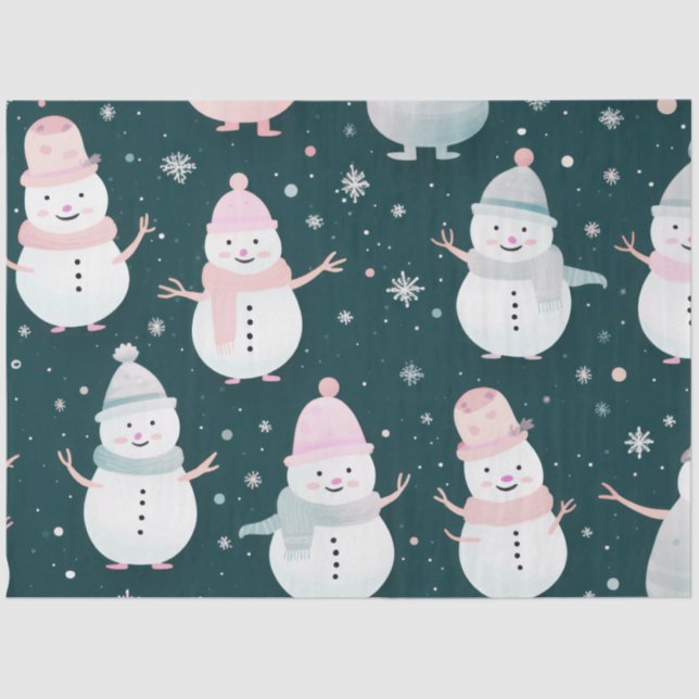 Cute Snowmen Snowflakes Pastel Black Christmas Tissue Paper (Front)