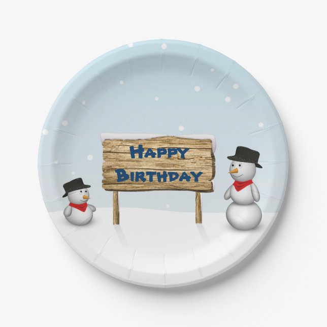 Cute Snowmen wishing Happy Birthday Paper Plate (Front)