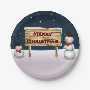 Cute Snowmen wishing Merry Christmas Paper Plate