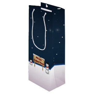 Cute Snowmen wishing Merry Christmas Wine Gift Bag