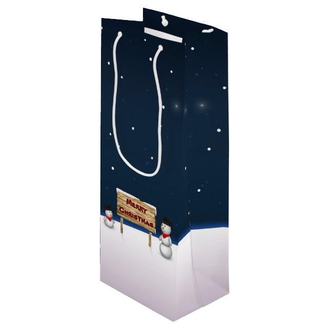 Cute Snowmen wishing Merry Christmas Wine Gift Bag (Front Angled)