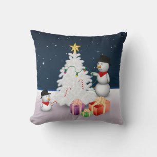Cute Snowmen with Christmas Tree Throw Pillow
