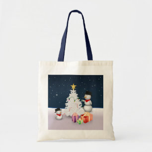 Cute Snowmen with Christmas Tree Tote Bag