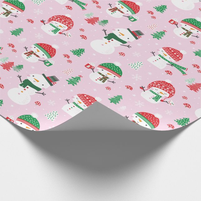 Cute Snowmen with xmas trees on light pink Wrapping Paper (Corner)