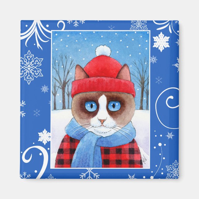 Cute Snowshoe Ragdoll cat, Christmas winter nature Magnet (Front)